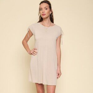 MYSTREE Beige Short Sleeve Tie Shoulder Dress, Soft Knit Casual T-Shirt Dress
